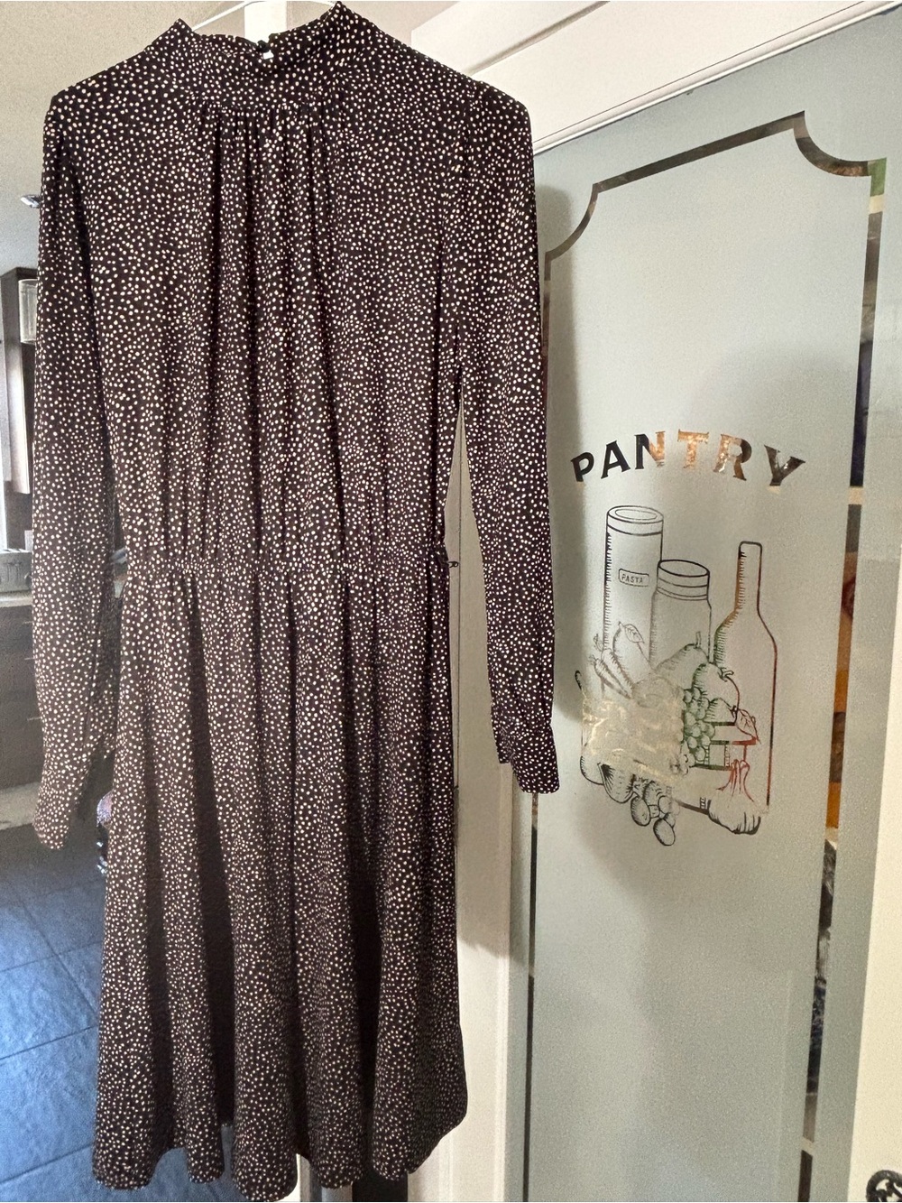 Suzy Shier Black Midi Dress with White Dot Print and Long Sleeves